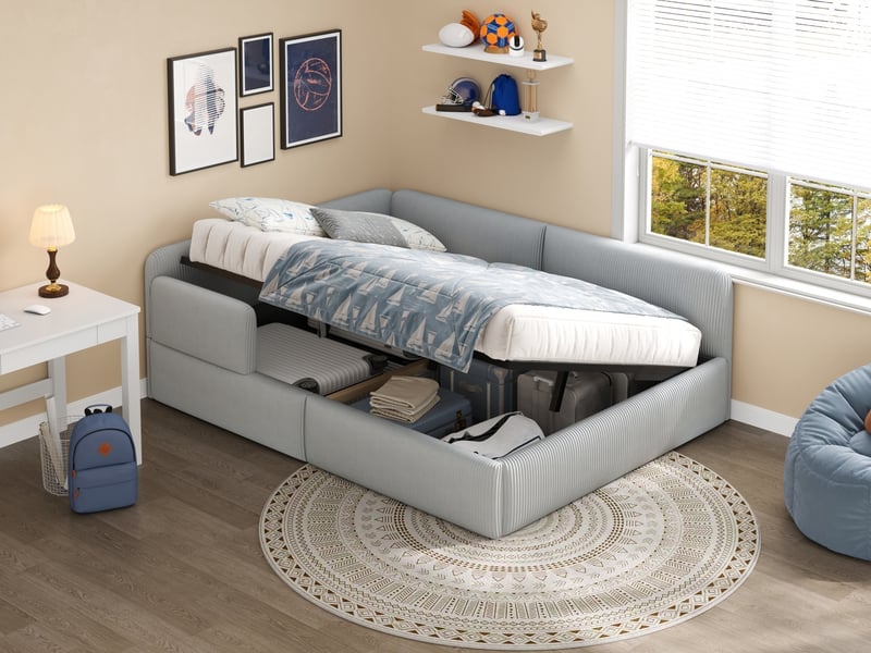  Lit rembourré 140 x 200 cm avec espace de rangement sous le lit et barrière de sécurité latérale, gris  - Conforama B