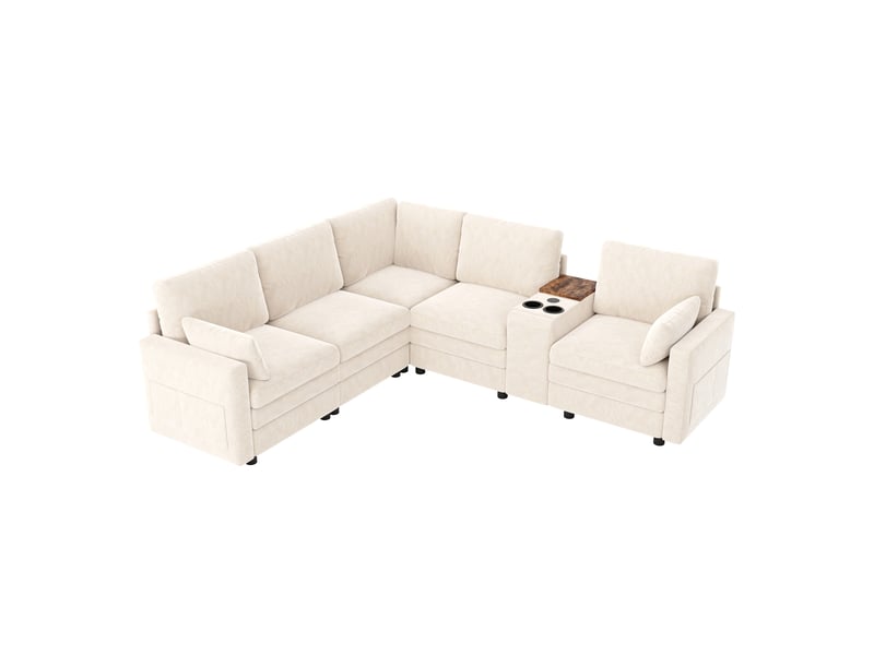  Canapé d'angle cloud 5 places 227x202x83 cm en chenille - console centrale usb-c porte-gobelets rangement intégré - beige BUYDEEMEUS - Conforama A