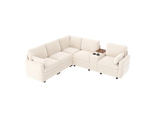 Canapé d'angle droit fixe  Qualité haut de gamme 5 places Tissu beige avec coffre de rangement