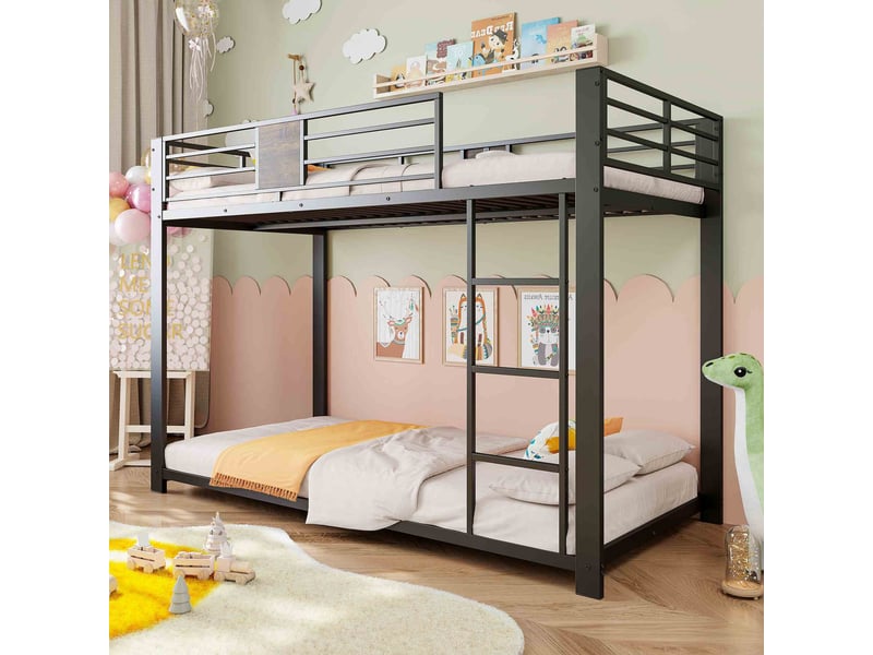  Lit superposé 90x200 cm en métal avec échelle réversible gauchedroite, barrières de sécurité, structure basse 145 cm et patins antidérapants - noir  - Conforama D