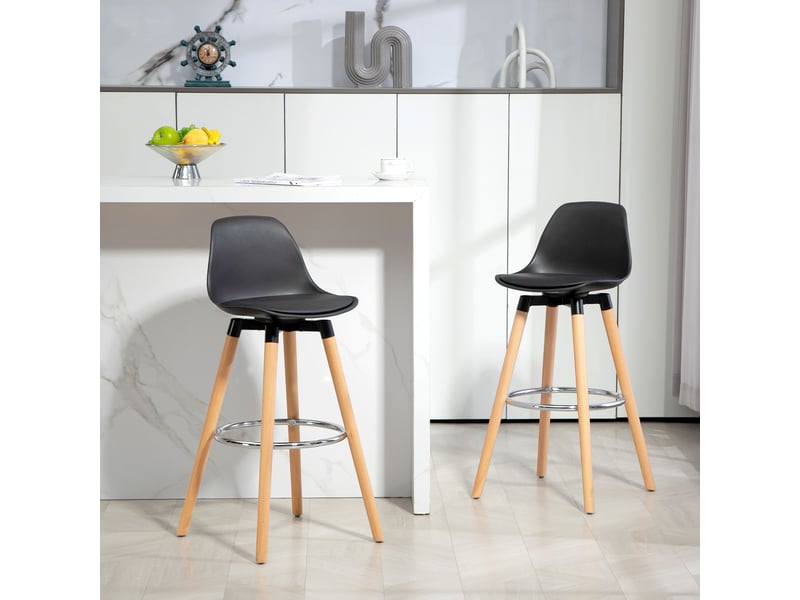  Lot 2 tabourets bar modernes polyuréthane, cuisine hauts, dossier, repose-pieds acier, assise rembourrée 69 cm, pieds bois.  - Conforama C