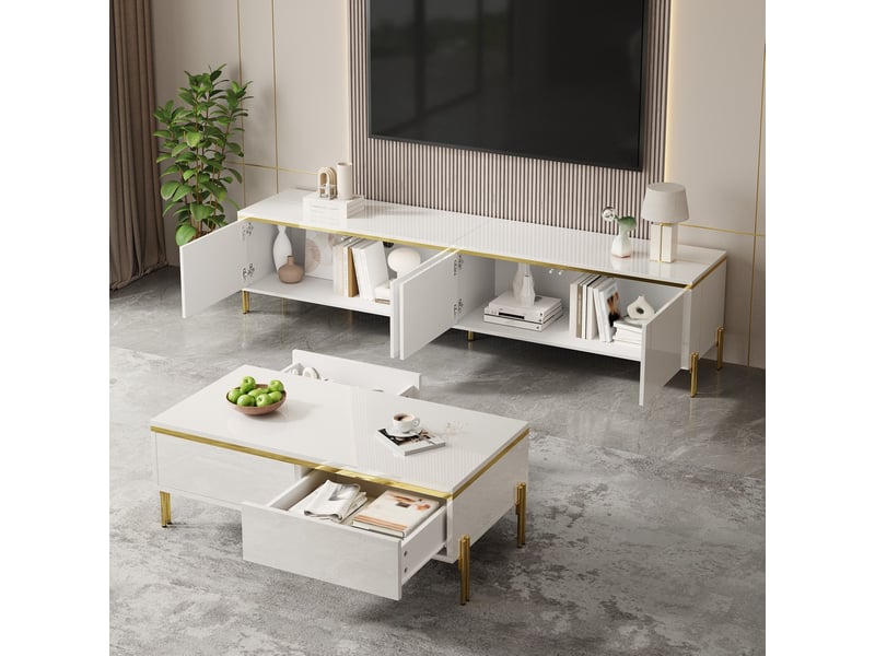  Ensemble meuble tv 170 cm et table basse avec rangements, blanc brillant et doré  - Conforama D