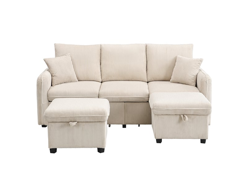 Canapé d’angle en u 3 places 188x186x86 cm convertible avec tiroirs, pouf coffre, modules séparables, chenille, beige Sol Morn - Conforama A