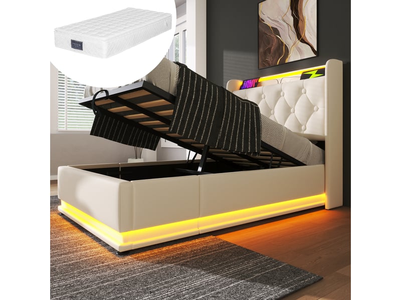  Lit 1 personne 90x200 cm avec matelas, structure de lit avec éclairage led et prise usb, blanc, lit enfant en pu  - Conforama A