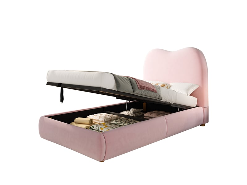 Lit coffre enfant, lit simple rembourré, 90x200 cm, coffre hydraulique, sommier à lattes, tête capitonnée, velours rose  - Conforama A
