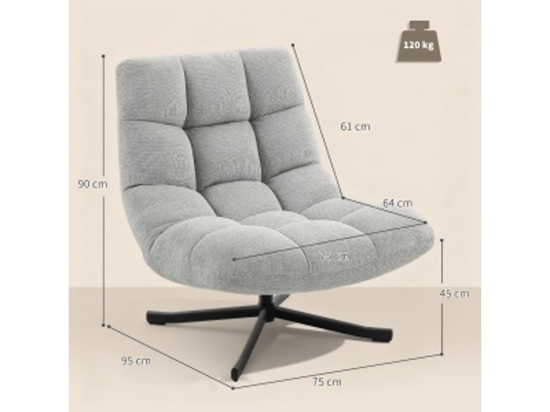 Fauteuil d'accent pivotant 75x95x90cm – fauteuil lounge individuel avec assise 360° et pieds croisés en métal – chenille - gris - Conforama C