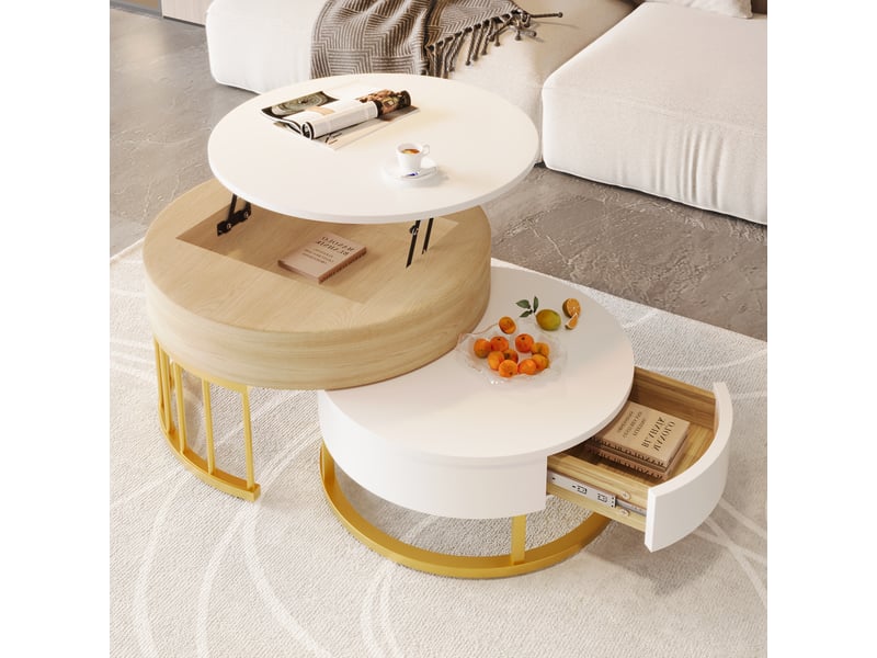  Table basse ronde gigogne avec plateau relevable et tiroir, structure métallique dorée, pour salon, blanc et bois  - Conforama C