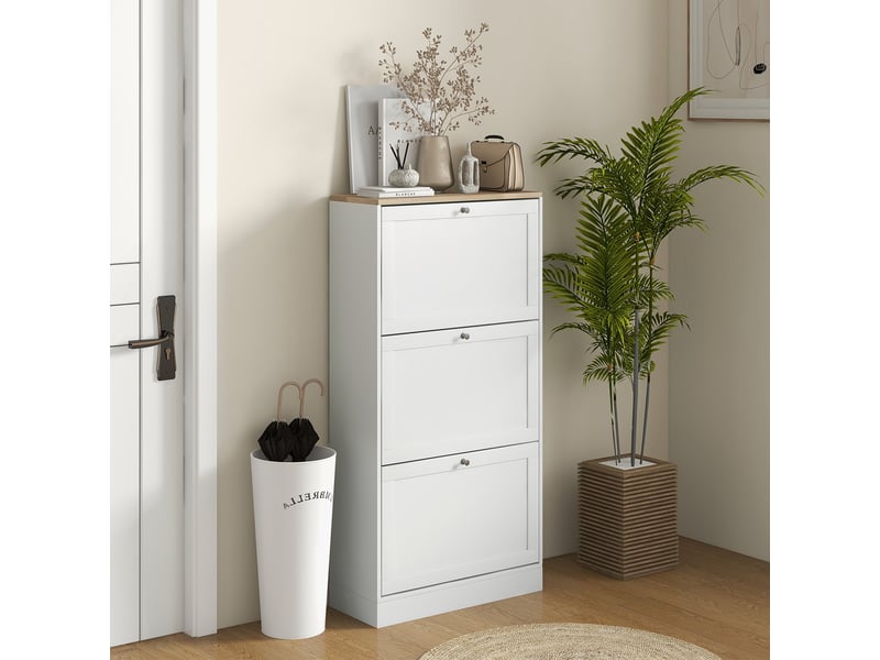  Meuble à chaussures moderne avec 3 tiroirs abattants et étagères réglables pour 18 paires de chaussures, 60 x 23,5 x 115 cm, blanc  - Conforama C