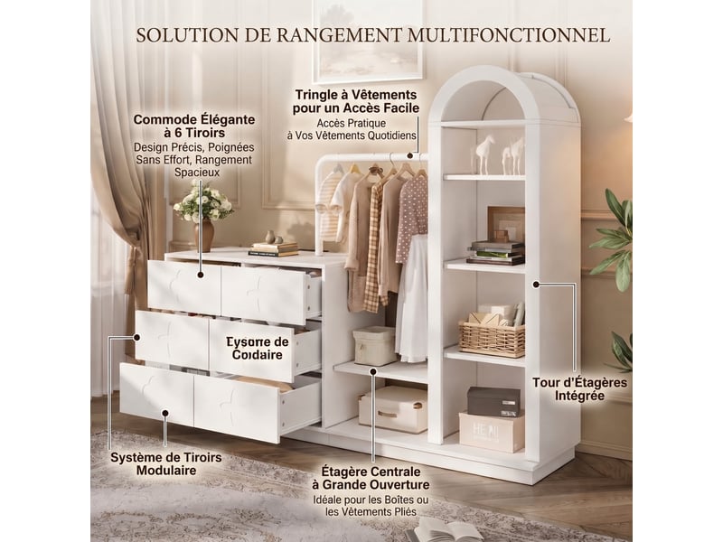  Commode blanche 6 tiroirs avec penderie et étagères en mdf, 160,5 x 40 x 134 cm  - Conforama D