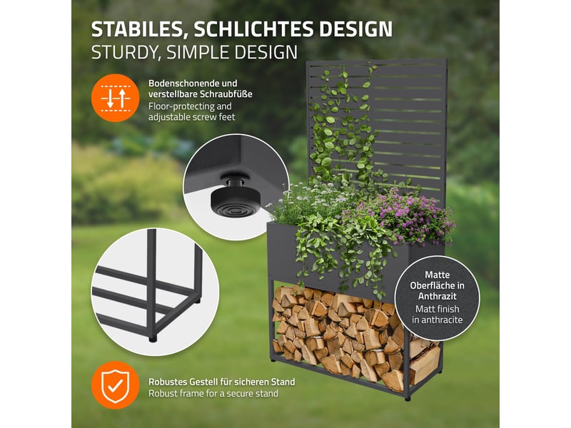  Ml-design range-bûches avec jardinière haute et treillis, acier galvanisé résistant aux intempéries, support de stockage bois de chauffage cheminée, bac avec drainage, anthracite, 90 x 40 x 170 cm ECD Germany GmbH - Conforama C