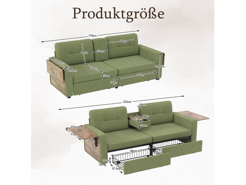  Canapé 2 places en chenille 178 x 71 cm – vert – 2 rangements, tablettes rabattables et porte-gobelets  - Conforama C
