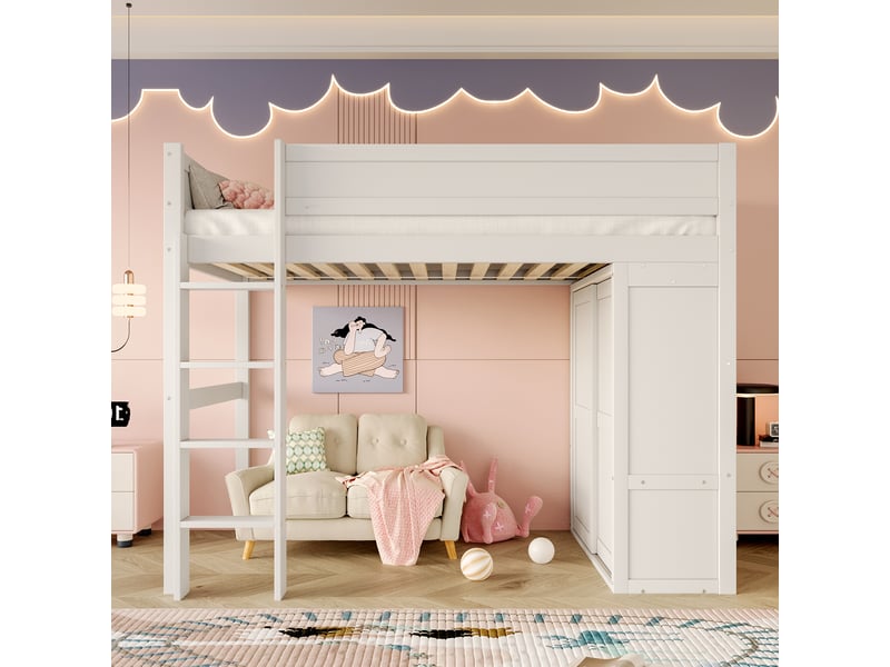  Lit mezzanine 90*200cm avec penderie, rangements, espace ouvert dessous, sans matelas, pin, blanc  - Conforama E