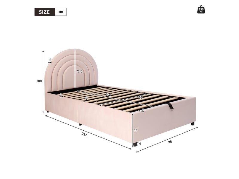  Lit enfant rembourré 90x200 cm en velours rose avec sommier, tête de lit, lattes en bois et montage facile, pour ados et adultes  - Conforama C