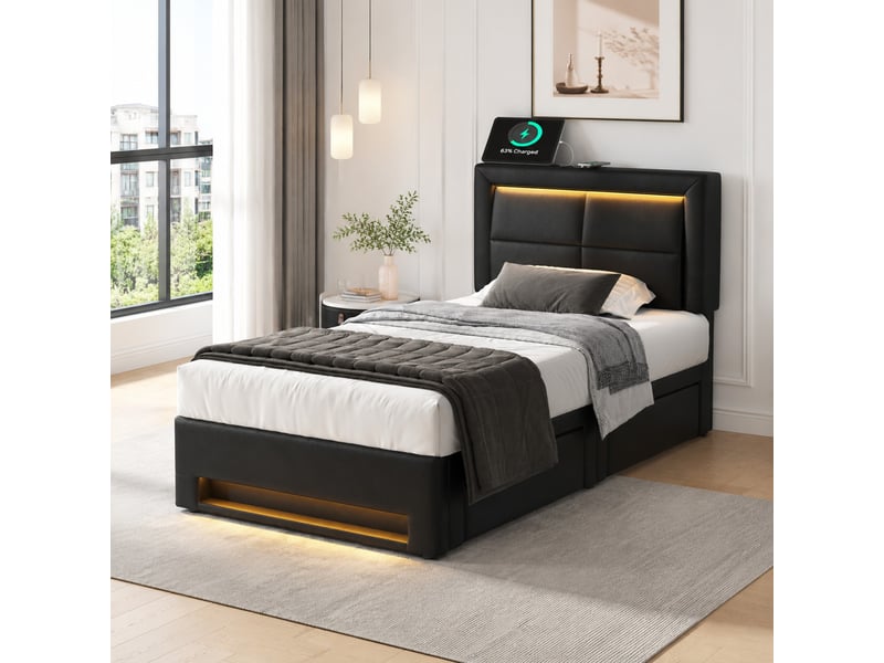 Lit 1 place 90x200 cm avec usb, recharge sans fil, led et 4 tiroirs, pu noir - Conforama D