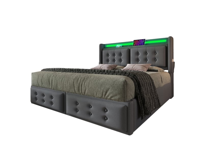 Lit coffre 160 x 200 cm gris avec led, ports usbusb-c et matelas - Conforama A