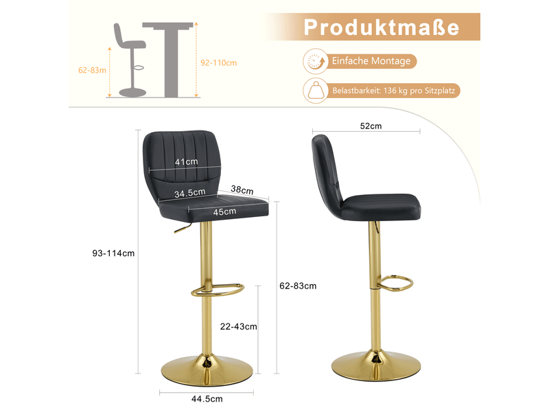 Tabouret de bar réglable  52 x 45 x 93-114 cm - siège pivotant à 360° -avec dossier et pédales en métal  - cuir - noir  - Conforama C