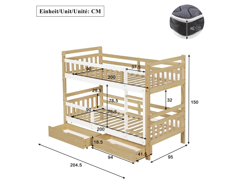  Lit superposé modenvie 90 x 200 cm en bois blanc et naturel avec échelle, protection anti-chute et 2 tiroirs  - Conforama C