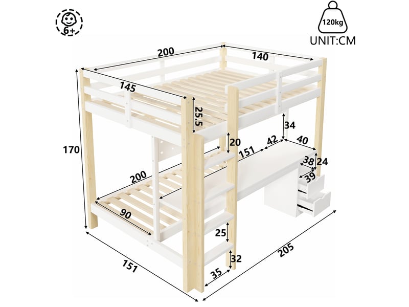  Lit superposé 140x200 et 90x200 cm avec bureau, tiroirs et led blanc naturel  - Conforama C