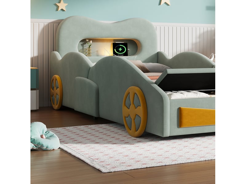 Lit simple enfant forme voiture 90x200 cm vert flanelle, lampe de lecture, port de charge et rangement au pied - Conforama E