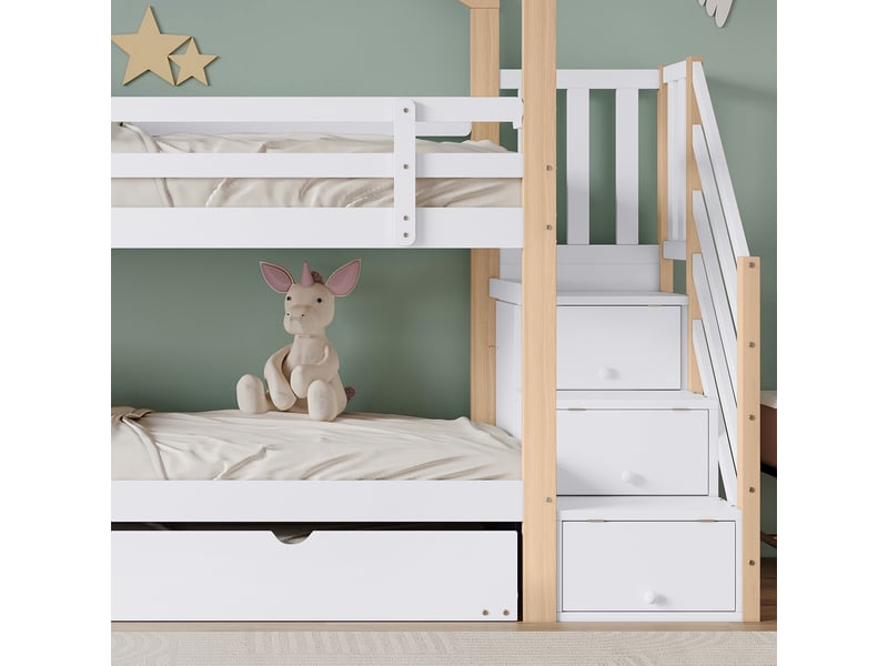 Lit superposé enfant 200×90 cm avec couchage gigogne 190×90 cm, escalier à tiroirs et barrières, sans matelas - Conforama E