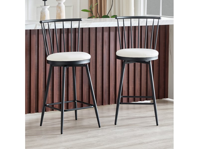  Tabouret de bar avec dossier incurvé et assise rembourrée en pu, style industriel blanc  - Conforama B