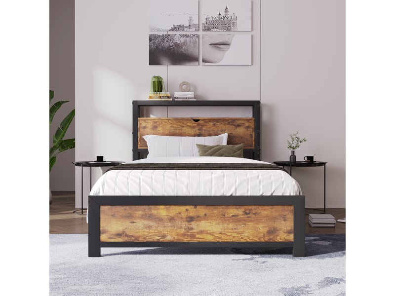 Lit 1 place 90x200cm, lit métal avec tête de lit et sommier, rangement, lit jeune, noir+marron - Conforama B