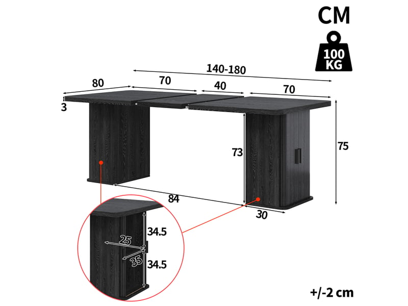  Table à manger extensible 140-180x80x75cm avec rangements des deux côtés, plateau effet bois, mdf et métal, noir evarich - Conforama C