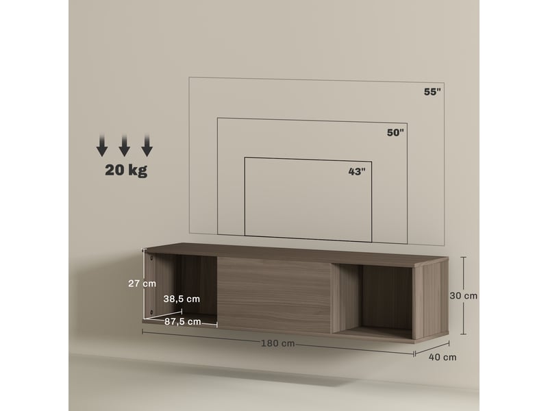  Meuble tv mural effet bois avec rangement ouvert et fermé, 120 x 30 x 29,5 cm  - Conforama E