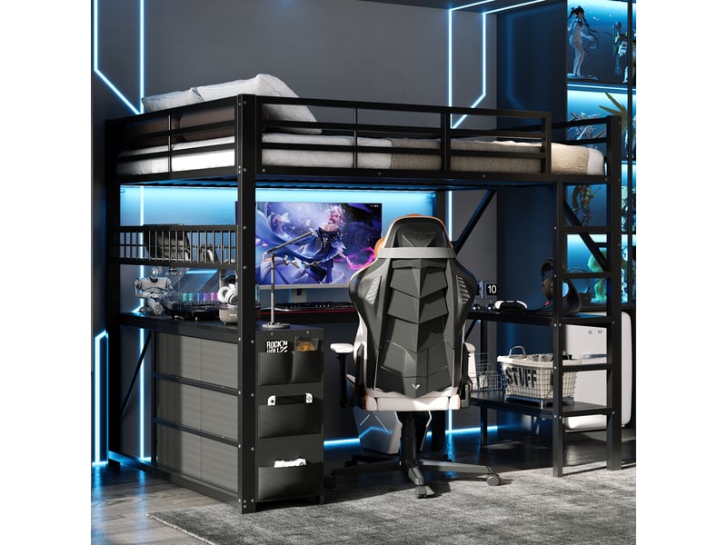  Lit mezzanine gaming 140x200 cm avec bureau, étagères, tiroirs et led, métal, noir OMNIGLINT TRADING LTD - Conforama B