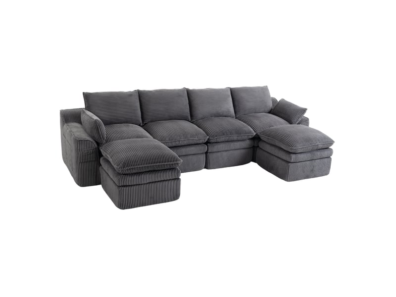  Canapé modulable ulevr 4 places en velours côtelé gris foncé avec 2 poufs, coussins et poches latérales  - Conforama A