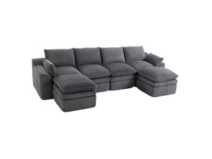 Canapé modulable ulevr 4 places en velours côtelé gris foncé avec 2 poufs, coussins et poches latérales