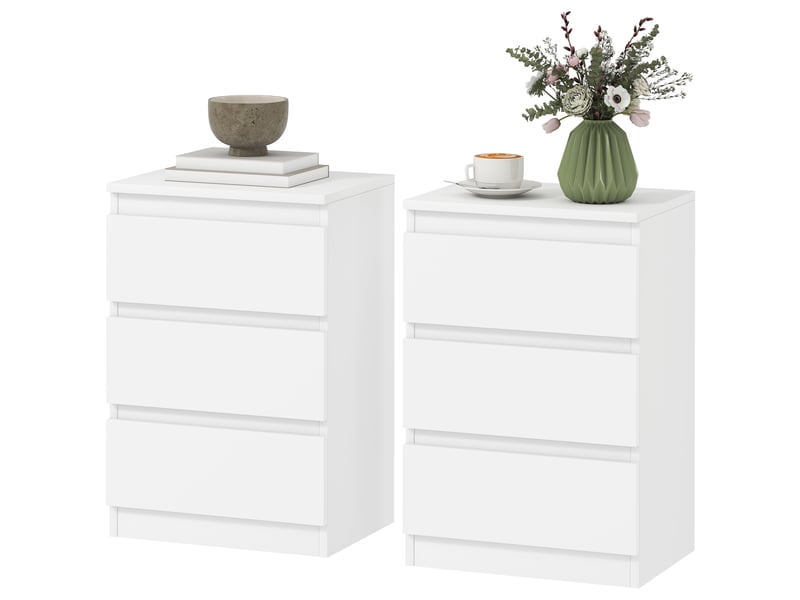  Tables de chevet (lot de 2), 3 tiroirs, sans poignées, aspect bois, blanches  - Conforama B