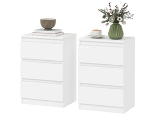 Tables de chevet (lot de 2), 3 tiroirs, sans poignées, aspect bois, blanches