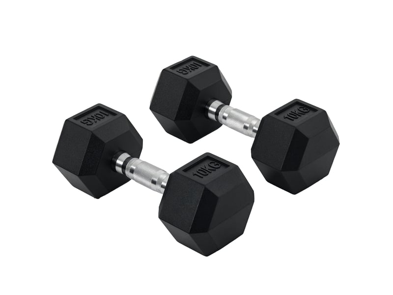  Lot de 2 haltères hexagonales de 10 kg en métal et caoutchouc pour vos entraînements en salle de sport, à domicile ou au bureau, noires.  - Conforama A
