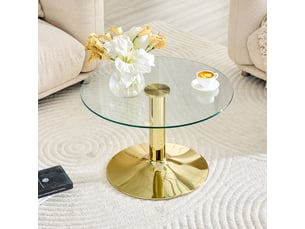 Table basse ronde en verre trempé avec pied métal pour salon, diamètre 70 cm, hauteur 45 cm doré