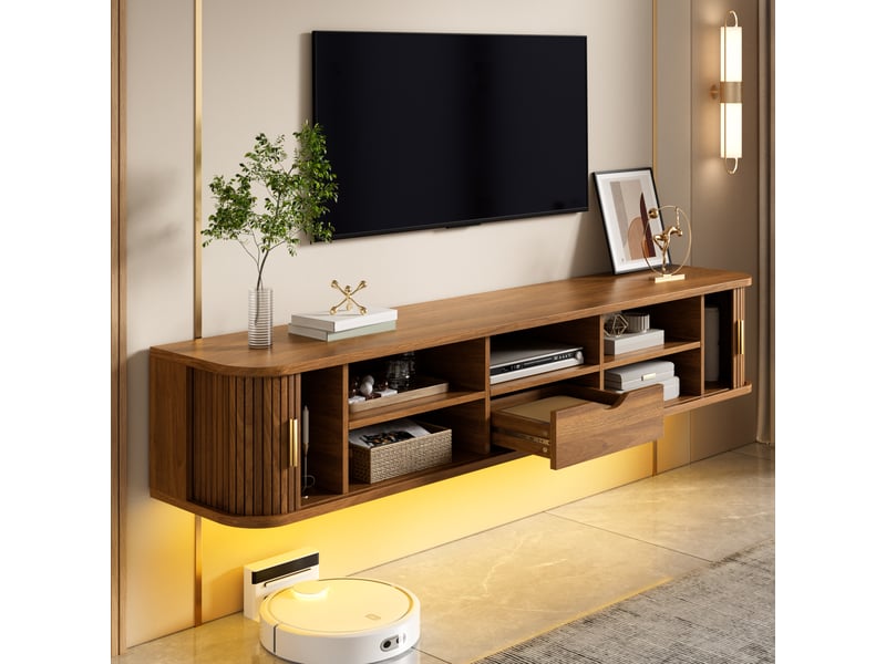  Meuble tv ovale suspendu en bois 175x30x30cm,2 portes coulissantes rainurées,tiroir,étagères réglables,led,poignées dorées,mdf,noyer BUYDEEMEUS - Conforama E