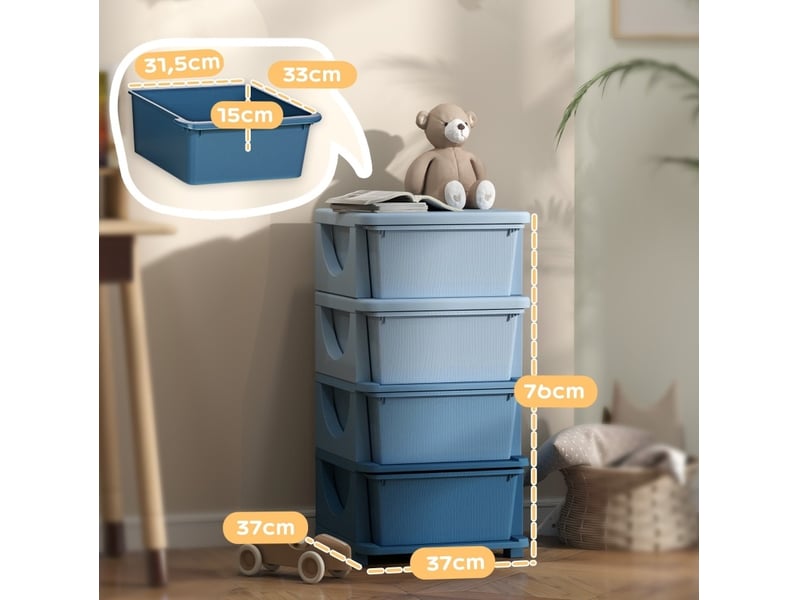 Meuble de rangement enfant 37x37x76 cm – bleu – 4 tiroirs amovibles, coins arrondis et assise pratique - Conforama C