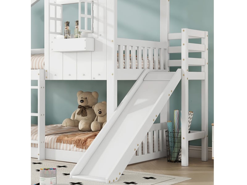  Lit superposé enfant avec toboggan, toit, fenêtre, échelle et barrière de sécurité, 90x200cm, blanc et naturel  - Conforama D