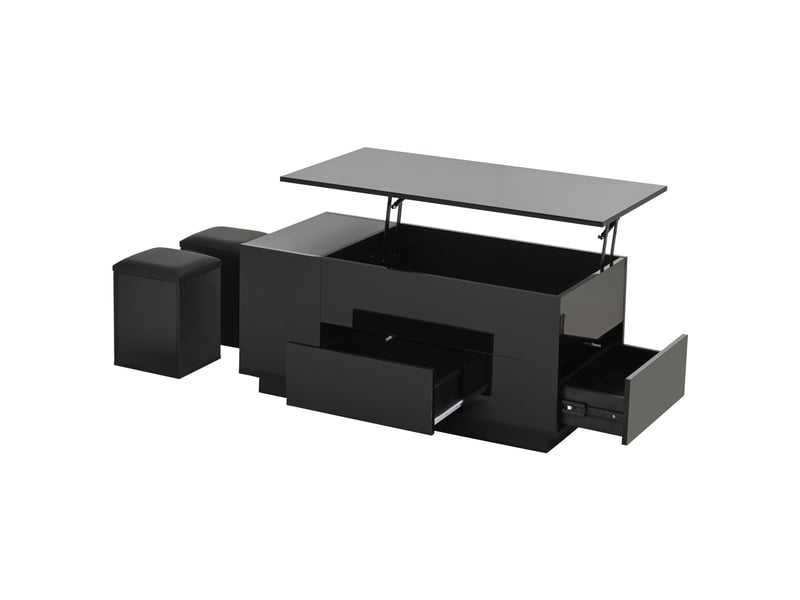 Table basse 4 en 1 (100 x 50 x 45 cm) réglable en hauteur avec éclairage led, table basse avec 2 tiroirs, table d'appoint laquée avec 2 tabourets, table de chevet avec rangement dissimulé, charge maximale 50 kg, noire  - Conforama E