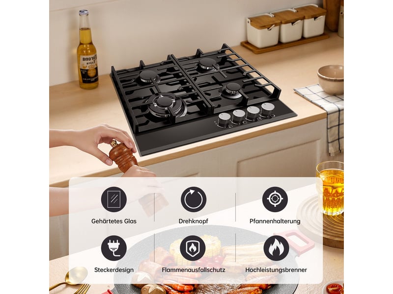  Plaque de cuisson gaz 4 feux, plaque gaz encastrable 60 cm en verre trempé noir, grilles en fonte, allumage électronique  - Conforama D