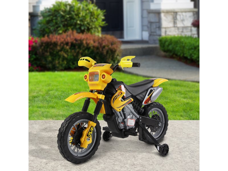  Moto électrique pour enfants à partir de 3 ans, moto cross électrique avec stabilisateurs, batterie 6 v, vitesse 2,5 kmh, 102 x 53 x 66 cm, jaune  - Conforama D