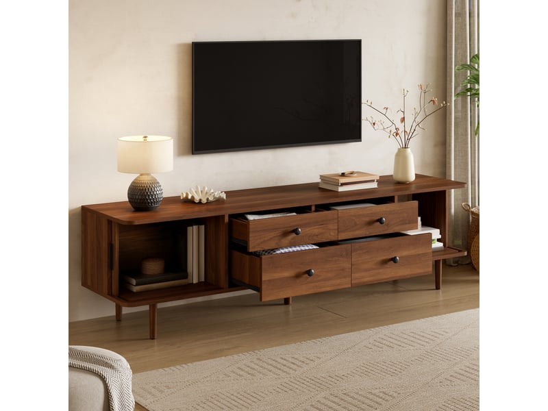  Meuble tv 165x40x46 cm, banc tv, meuble télévision, salon, 4 tiroirs, rangement, portes coulissantes, mdf, noyer CozyNest - Conforama D