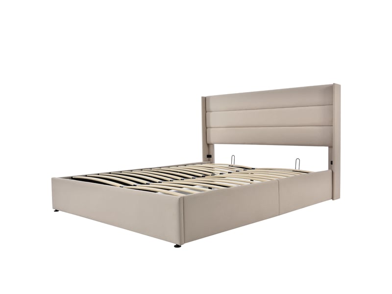 Lit coffre 140x200 cm rembourré en lin avec sommier à lattes et rangement hydraulique, beige Fay Lum - Conforama A