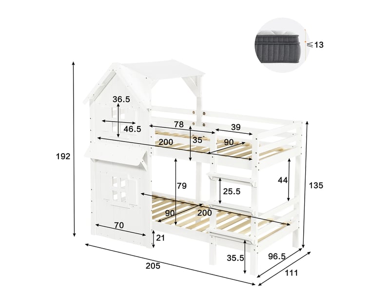  Lit superposé enfant 90x200 cm, lit cabane avec toit et fenêtre pour chambre d'enfant, en bois de pin et mdf, blanc  - Conforama E
