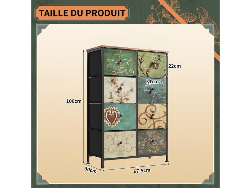  Commode 8 tiroirs - 67.5x30x100cm - motif rétro imprimé, rangement style vintage, structure en métal - noir  - Conforama E