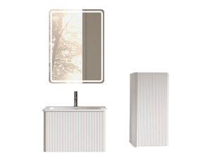 Ensemble meuble salle de bain suspendu 60 cm avec miroir led anti-buée et colonne de rangement blanche