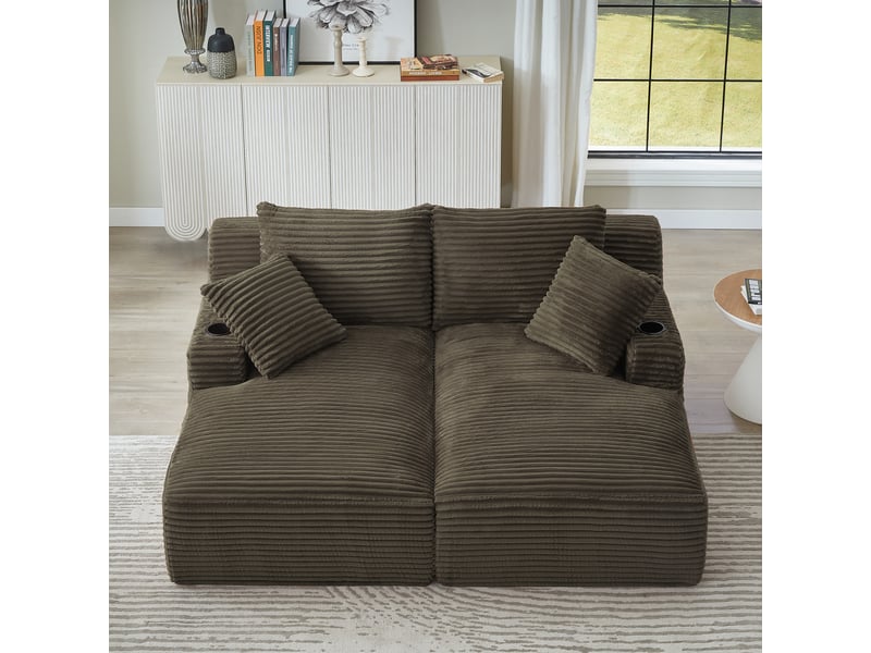  Canapé 2 places convertible en double méridienne, assise à ressorts, porte-gobelets, velours côtelé, marron OMNIGLINT TRADING LTD - Conforama B