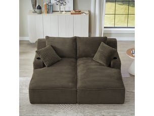 Canapé 2 places convertible en double méridienne, assise à ressorts, porte-gobelets, velours côtelé, marron