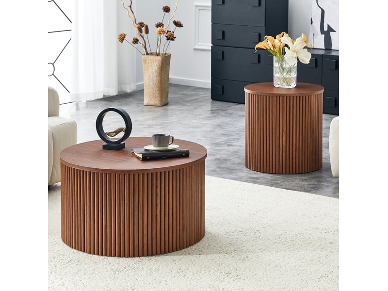  Tables basses gigognes ulevr 2 pièces avec rangement caché, rondes ø65 et ø45 cm, mdf finition grain de bois noyer, décor colonnes romaines  - Conforama D