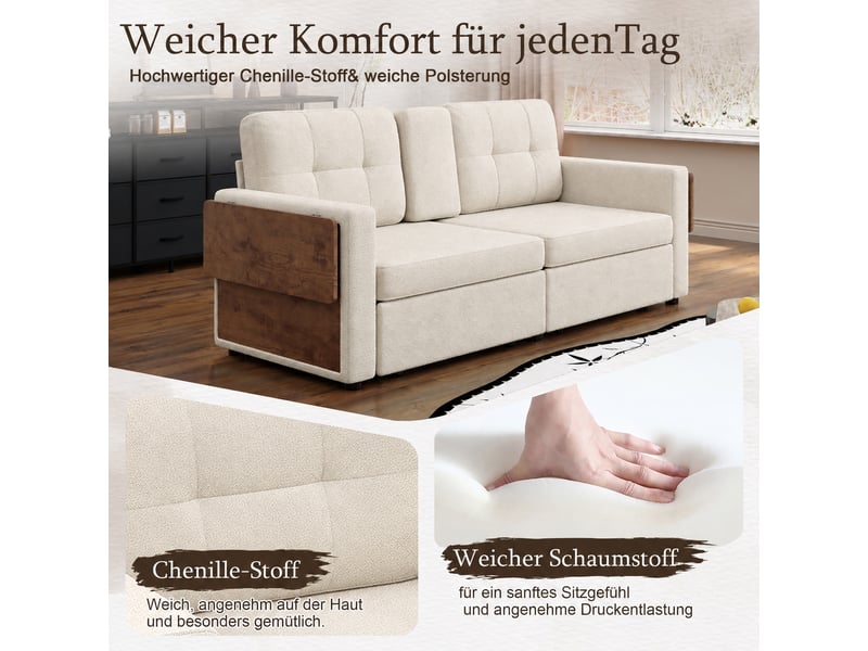  Canapé modulable 2 places avec 2 tiroirs,178x71x57.5cm,assise réglable,tablette ordinateur,porte-gobelets,tissu chenille,beige  - Conforama E